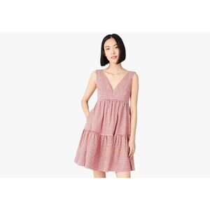 Kate Spade Mini Gingham Vineyard Dress V Neck Red White Check Tiered Summer Sun